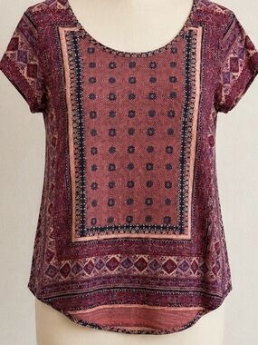 Lucky Brand Bohemian Print Scoop Neck Top in Burgundy/Navy Size S/P